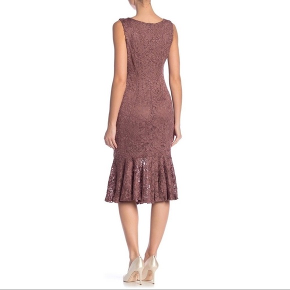 NWOT MARINA Mauve Glitter Lace Flounce Midi Dress - Picture 7 of 9